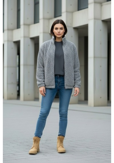 Kadın Oversize Peluş, Polar, Fermuarlı, Teddy Dik Yaka, Sıcak Tutucu Yumuşak Kışlık Ceket Gri