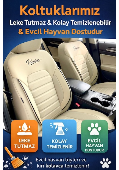 Premium Serisi Lüks Keten Üniversal Oto Koltuk Kılıfı - 5 Koltuk Tam Set Bej