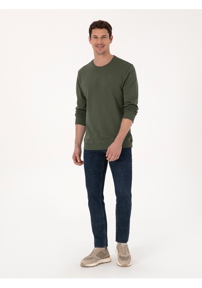Haki Regular Fit %100 Pamuk 3 İplik Bisiklet Yaka Sweatshirt Yeşil