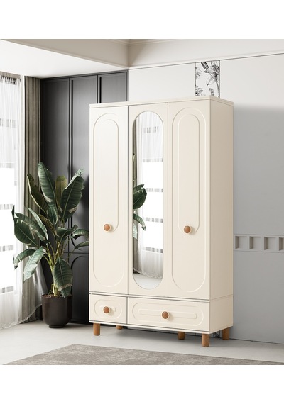 Perla 3 Kapaklı %100 Mdf Elbise Dolabı Gardrop 117x54x212 Ekru