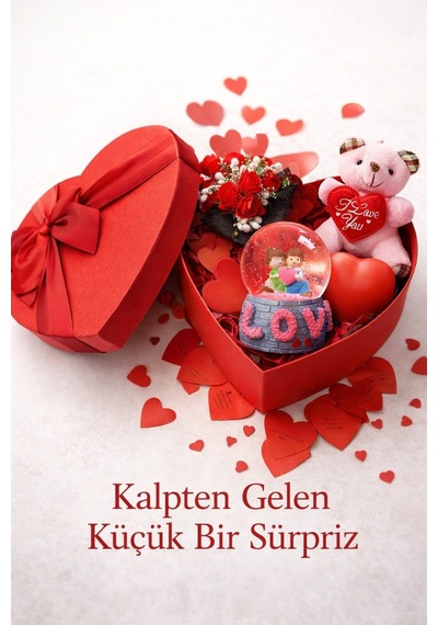Sevgiliye Romantik Hediye Kutusu Işıklı Kalp Ve Kar Küresi Peluş Ayıcık Ve Gül Buketi Hediye Seti 01 Çok Renkli