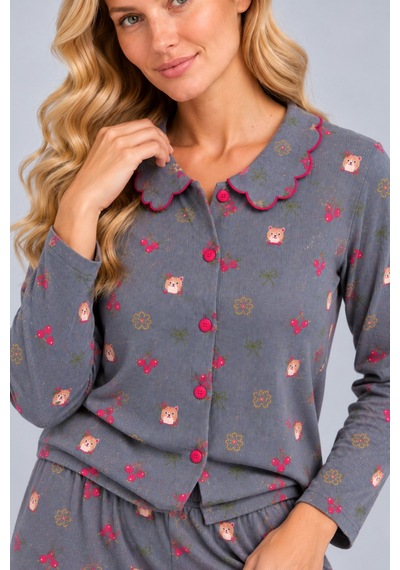 Pijamask Kadın Çiçek Desenli Bebe Yaka Düğmeli Uzun Kollu Müslin Pijama Takımı Antrasit Pijamask Kadın Çiçek Desenli Bebe Yaka Düğmeli Uzun Kollu Müslin Pijama Takımı Antrasit