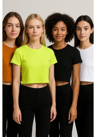 Kadın 4'lü Paket Oversize Crop Tişört %100 Pamuk Bisiklet Yaka T-shirt Beyaz