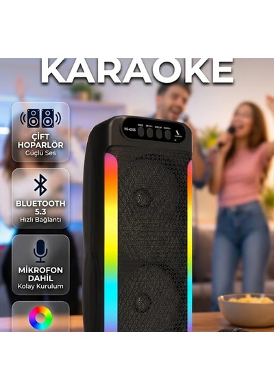 Rgb Işıklı Çift Hoparlörlü Taşınabilir Bluetooth Karaoke Speaker Ve Mikrofon