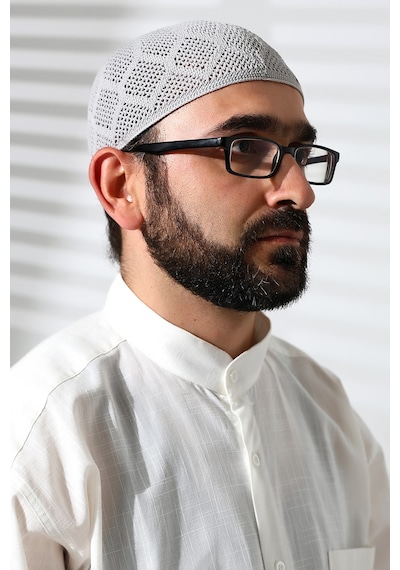 Makine Örgüsü Dantel Detaylı Namaz Takkesi Gri Gri