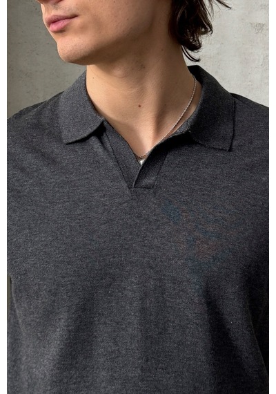 Erkek Oversize Pamuklu Polo Yaka Triko T-shirt Antrasit
