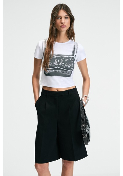 Ethıquet SERAYA Kadın Bisiklet Yaka Kısa Kollu Önü Baskılı Crop Beyaz T-Shirt