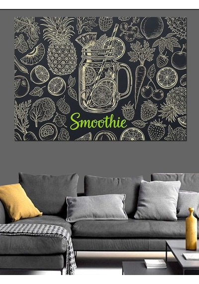 Siyah Beyaz Meyve Desenleri Ve Smoothie Bardağı Dekoratif Kanvas - Mdf Ahşap Tablo