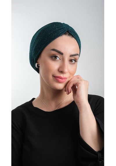Hürrem Bone Zümrüt Pratik Hazır Geçmeli Tesettür Bone Fukuro Simli Büzgülü 21 Zümrüt