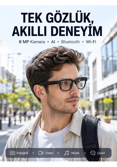 Siyah 8 Mp Kameralı Akıllı Gözlük Bluetooth Wi-fi Bağlantılı Fotoğraf Video Ses Kayıtlı Aı Destekli