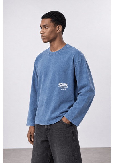 Respire Erkek Always Baskılı Yıkamalı Oversize Long Sleeve Bebe Mavi
