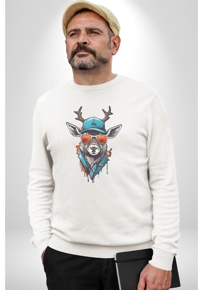 Güneş Gözlüğü Savaşcı Geyik Unisex Beyaz Baskılı Sweatshirt Beyaz