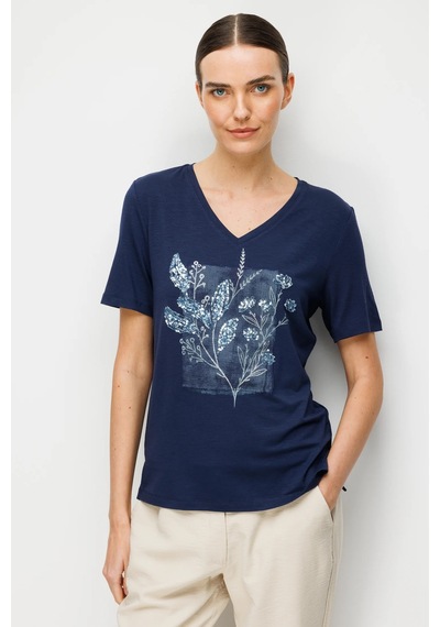 Desen Triko V Yaka Önü Pul Payet İşlemeli Penye Kadın T-shirt 26838 Lacivert