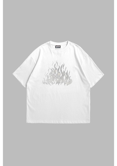 Startmore Flame Taş Baskılı Oversize Unisex Beyaz Beyaz