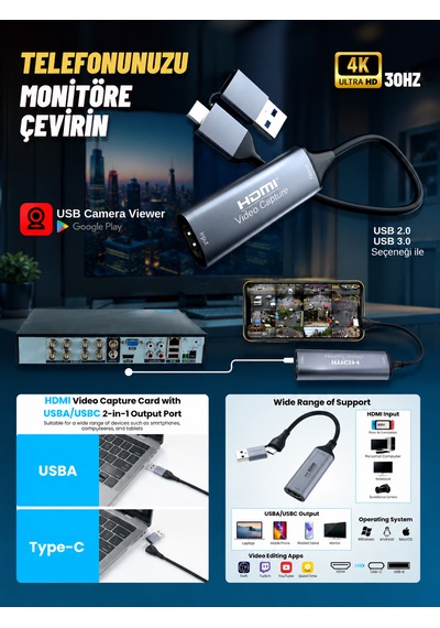 Umsn Hdmı Video Capture Usb 2.0 4k 30hz Video Aktarıcı - Bilgisayardan Telefona Aktarma Çevirici