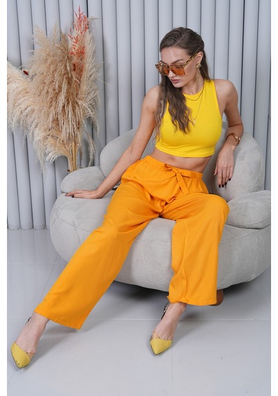 Polologin Butik Sarı Belden Bağlamalı Bol Paça Pantolon Sarı