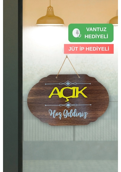 Dekoratif Ahşap Çift Taraflı 2d Açık-kapalı Yazısı - Ceviz