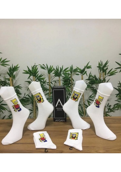 Bart Simpsons & Sunger Bob Desenli Renkli 2 Çift Spor Çorap Beyaz