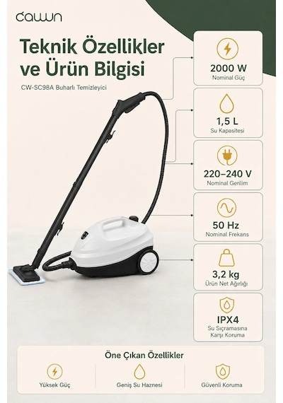 Cawun CW-SC98A2000 W Çok Fonksiyonlu Buharlı Temizlik Makinesi