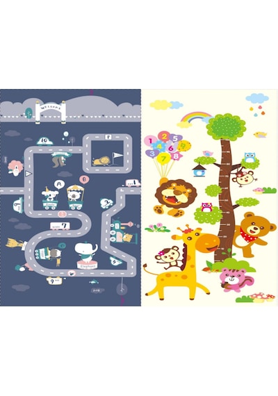 Delt Yol Desenli-hayvanlı Çift Taraflı Katlanabilir Oyun Matı Oyun Halısı 150x200x1 Cm Çantalı
