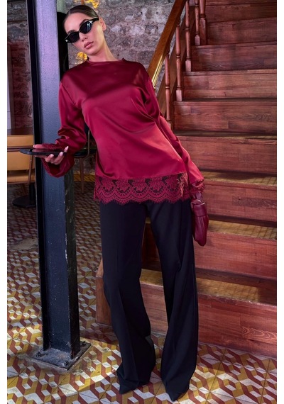 Madmext Bordo Asimetrik Dantelli Uzun Kollu Saten Bluz Mg2799