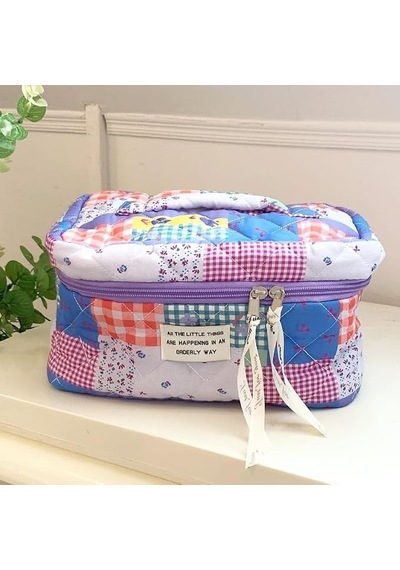 Kapitone Patchwork Desenli Büyük Boy Makyaj Ve Kozmetik Çantası / Seyahat Tipi Organizer - 25x16x16 Cm