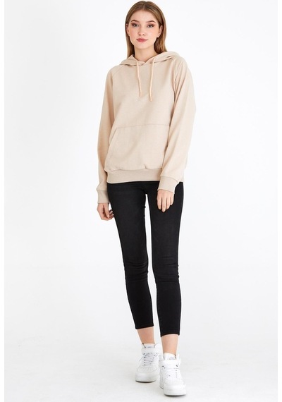 MMetalic Kadın Bej Kapüşonlu Basic Örme Sweatshirt
