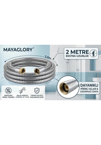 Mayaglory 2 Metre Duş Hortumu - Kırılmaz, Bükülmez Ve Sızdırmaz Esnek Spiral Banyo Hortumu - Pirinç Uçlu Standart 1/2" Evrensel Bağlantı, Paslanmaz Çelik Duş Hortumu krom