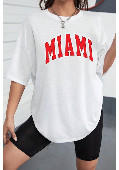 Unisex Miami Baskılı Tasarım Tshirt Beyaz