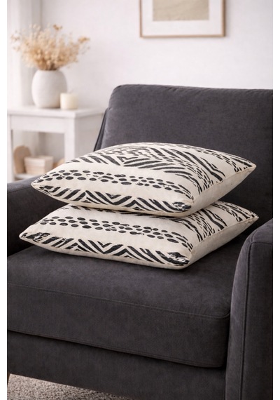 Faralya Life Baskılı Geometrik Desenli 2 Li Kırlent Kılıfı 45x45 Cm Dekoratif Koltuk Yastık Kılıfı Modern Salon Dekoru Gri Baskılı