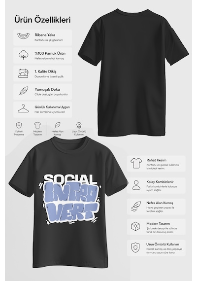 Spoyi Sosyal Introvert Tasarımlı %100 Pamuk Yarım Oversize Siyah T-shirt Spoyi Sosyal Introvert Tasarımlı %100 Pamuk Yarım Oversize Siyah T-shirt