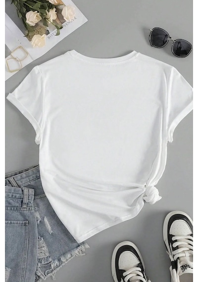 Unisex Pamuklu Butterfly Flowers Ön Baskılı Tasarım Tshirt Beyaz