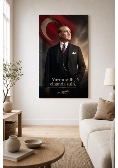 Atatürk Ve Türk Bayrağı Baskılı Cam Tablo Yurtta Sulh Uv Dekoratif Duvar Tablosu