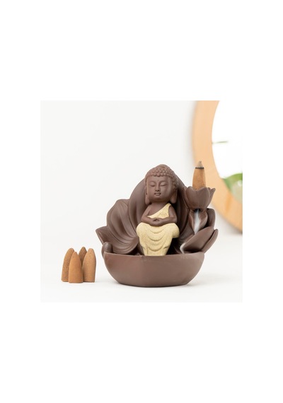 Zen Oturan Buddha Geri Akışlı Şelale Tütsülük Kahverengi