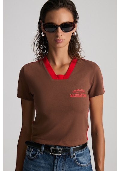 ETHIQUET ARIANWEN Kadın %100 Pamuk Dekoratif triko Yakalı Nakışlı Crop Kısa Kollu Kahverengi T-Shirt