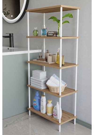 5 Katlı Çevir Kur Metal Gövdeli Banyo Rafı Çok Amaçlı Düzenleyici Organizer Stand Banyo Dolabı Atlantik Çam
