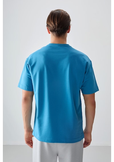 Air Jones Tommy Life Petrol Mavi Pamuklu Kalın Yumuşak Dokulu Oversize Fit Basic Erkek T-shirt - 88378 Petrol Mavi