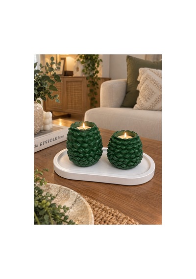 Premium Kozalak Desenli Yeşil 2 Li Mumluk Seti Dekoratif Tealight Mumluk Yeşil