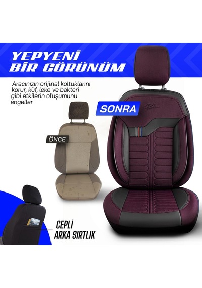 Panda Londra Serisi Ingiliz Jakar Kumaş Ticari Oto Koltuk Kılıfı Tam Set Bordo - Siyah