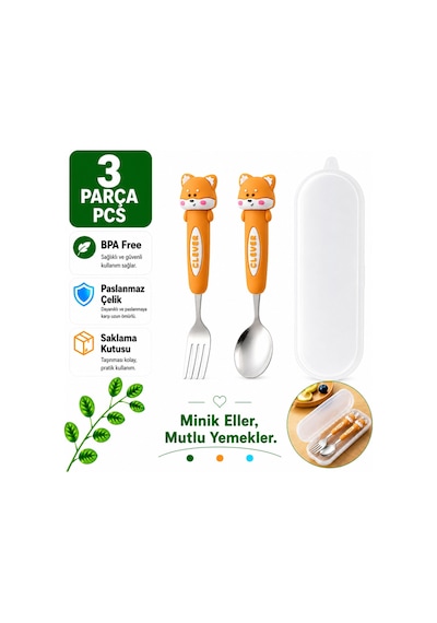 Kahverengi Tavşan Figürlü Premium Çocuk Bpa Free Paslanmaz Çelik Uçlu Çatal-kaşık Set 24+ Ay