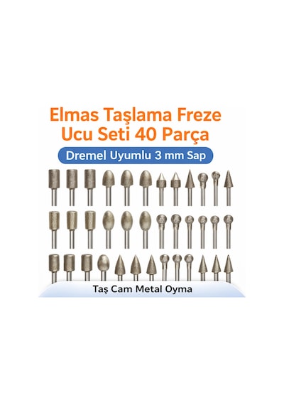 Senbang Elmas Taşlama Freze Ucu Seti 40 Parça Dremel Uyumlu 3 Mm Sap Taş Cam Metal Oyma