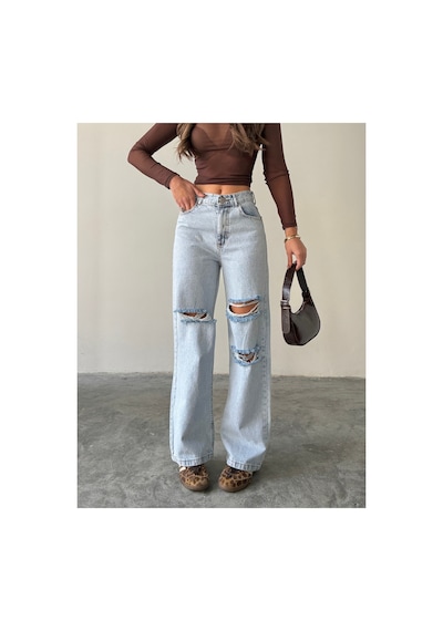 Blue Marlın Çift Diz Lazer Yırtık Boyfriend Bol Paça Jeans Taş