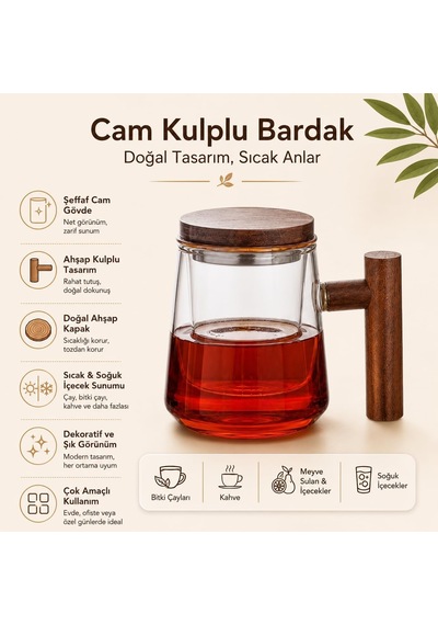 Cam Kulplu Bardak, Ahşap Görünümlü Kulp Ve Kapaklı Şeffaf Cam Kupa, Çay Bitki Çayı Kahve Ve Soğuk İçecek Sunumu İçin çok renkli