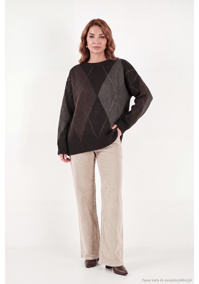 Lela Oversize Fit Bisiklet Yaka Baklava Desenli Kazak Kadın Kazak 4615578 Kahve