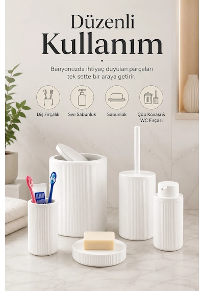 5 Parça Beyaz Banyo Seti Diş Fırçalık Çöp Kovası Sabunluk Sıvı Sabunluk Tuvalet Fırçası