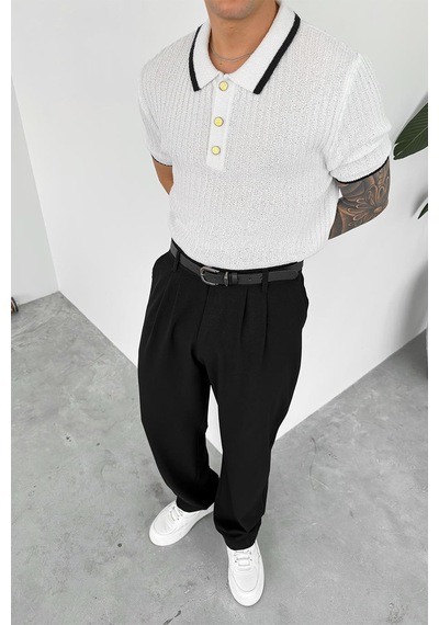 Beyaz Old Money Oversize Polo Yaka Tişört Beyaz