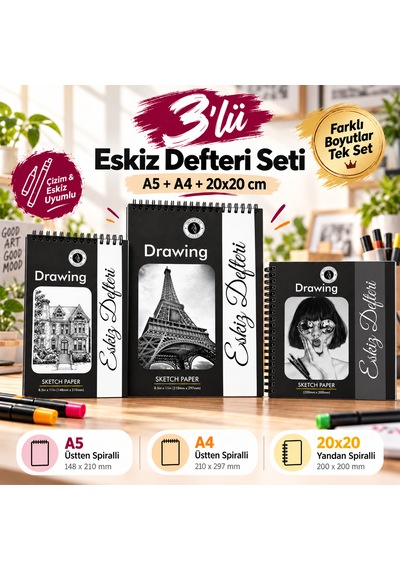 3 Lü Eskiz Defteri Seti A5, A4 Ve 20x20 Cm Farklı Boyutlarda Spiralli Çizim Defteri