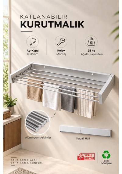 Lavinger Çamaşır Kurutma Askısı 80 Cm 6 Borulu Duvara Monte Kurutmalık Beyaz