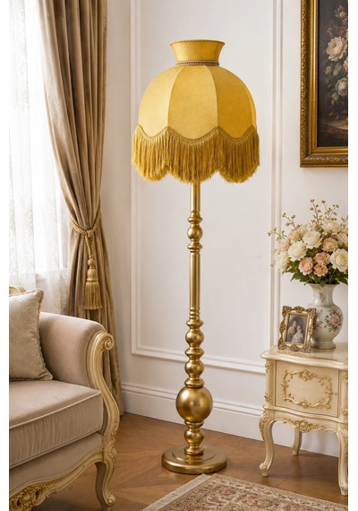Gold Kadife Başlık Gold Ahşap Ayaklı Lambader Vintage Model 170x50cm