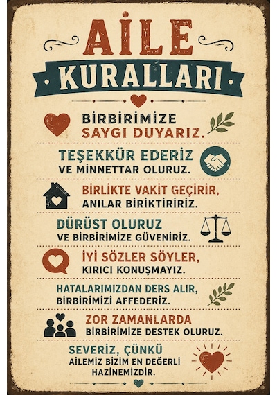 Aile Kuralları Retro Mdf Tablo Vintage Dekoratif Duvar Yazısı 20x30 Cm